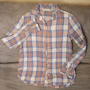 Old Navy women's flannel, pink, gray, blue. Size S.